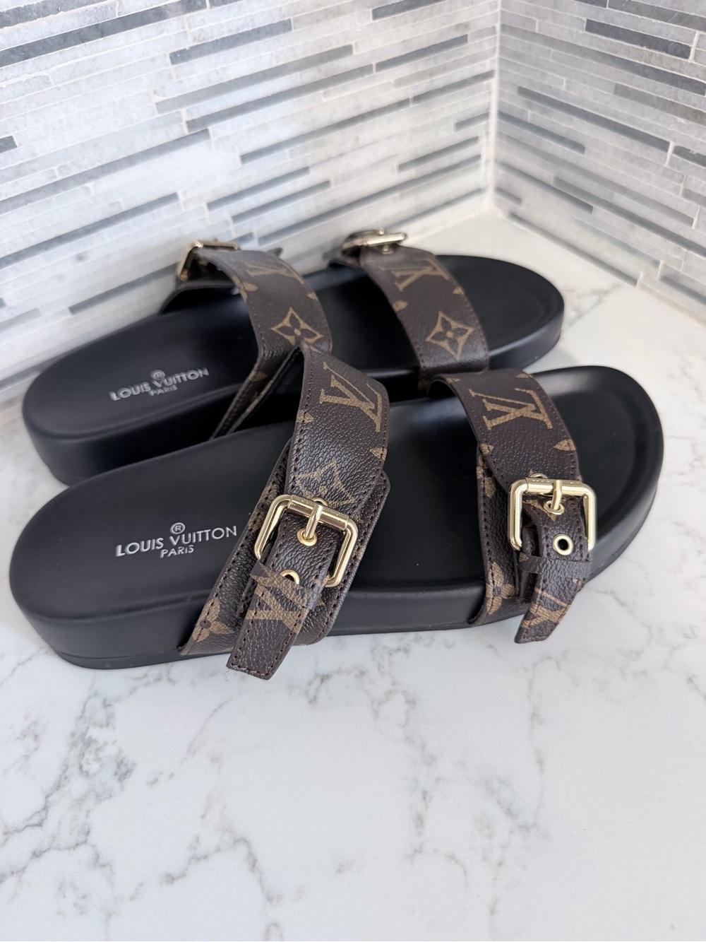 Louis Vuitton Brown Monogram Double-Strap Slide Sandals size 7 - Picture 6 of 7